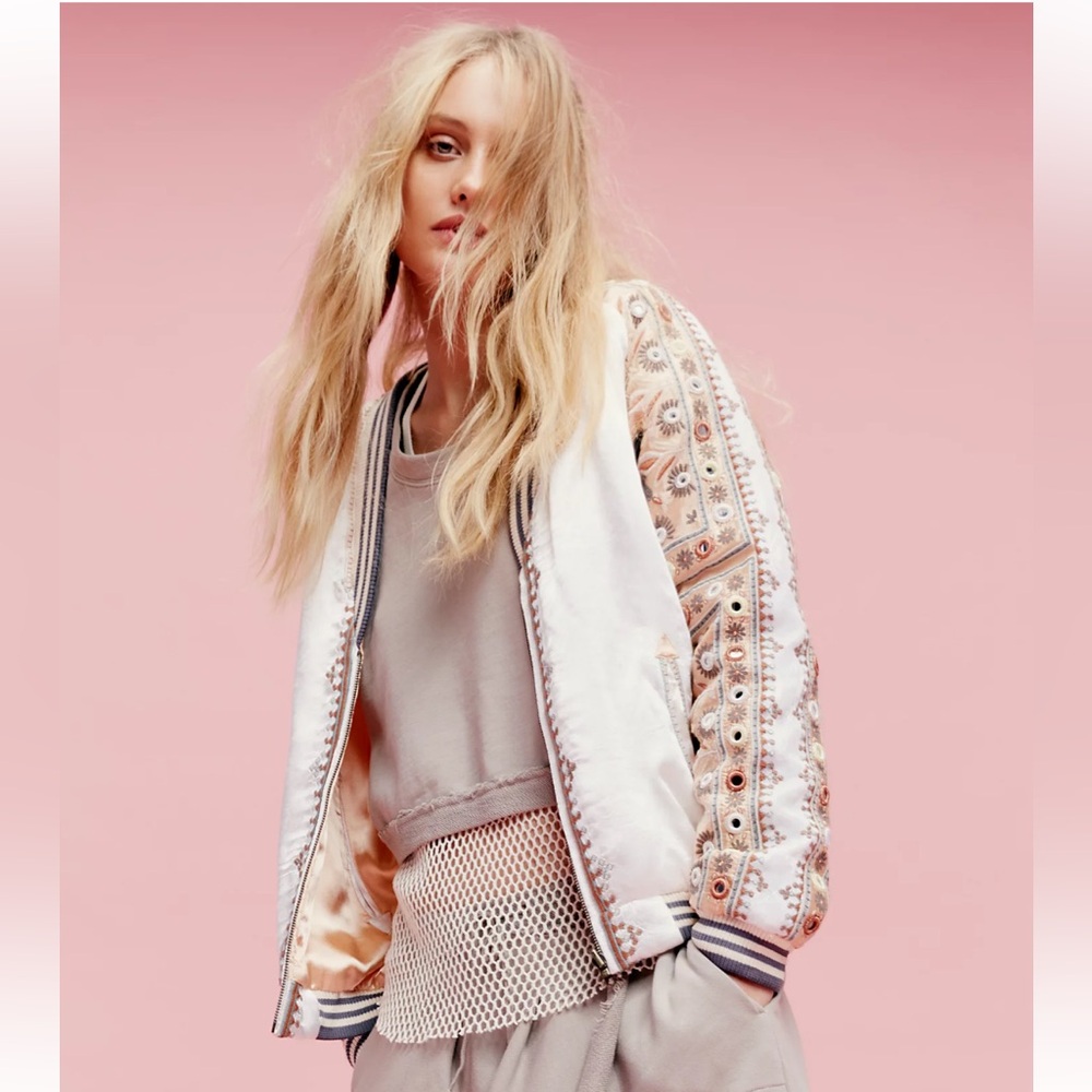 Free People New Romantics Embellished Baseball Jacket Satin Mirrors Full Zip XS